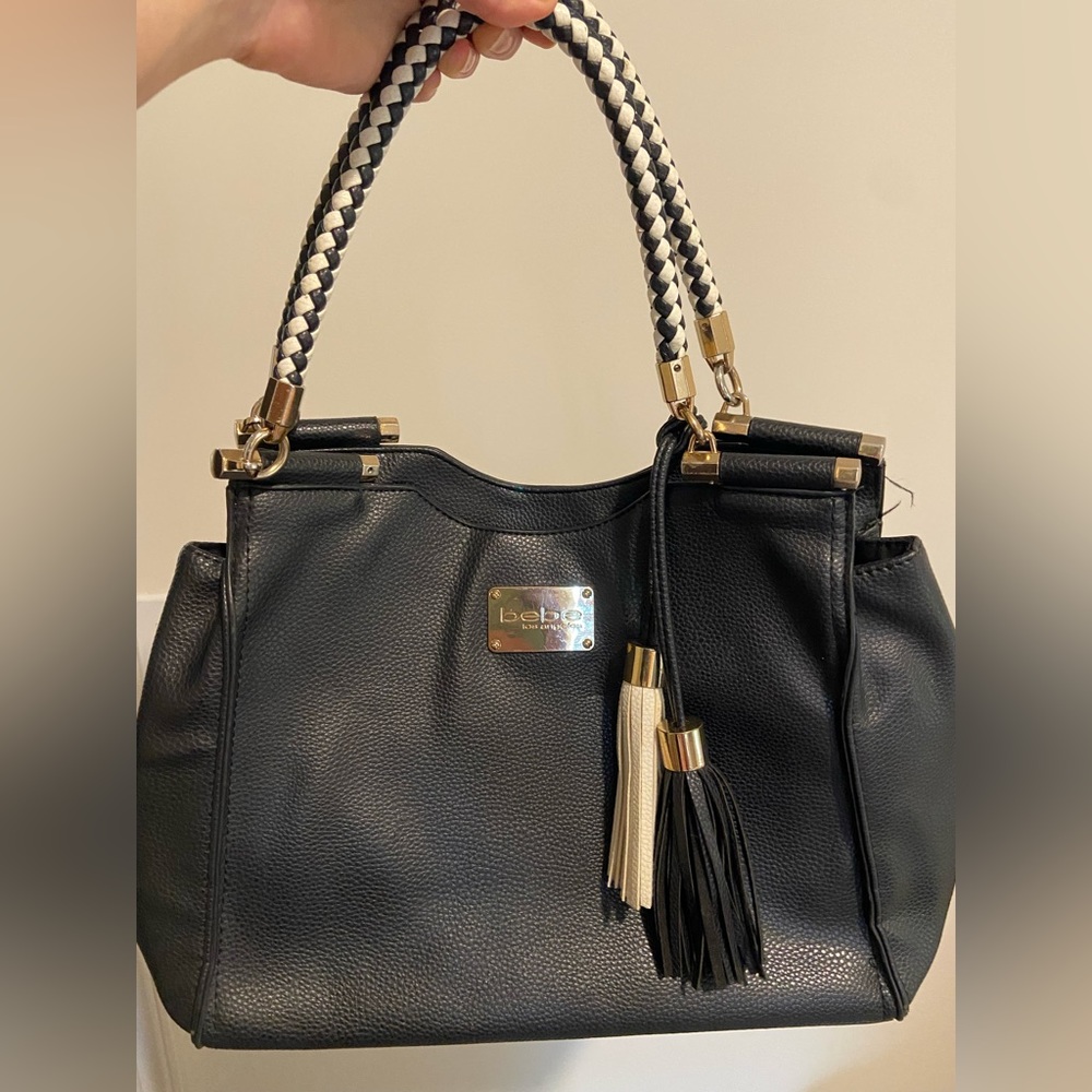 Bebe Medium Black Polyvinyl Tassel Purse 13"x11"